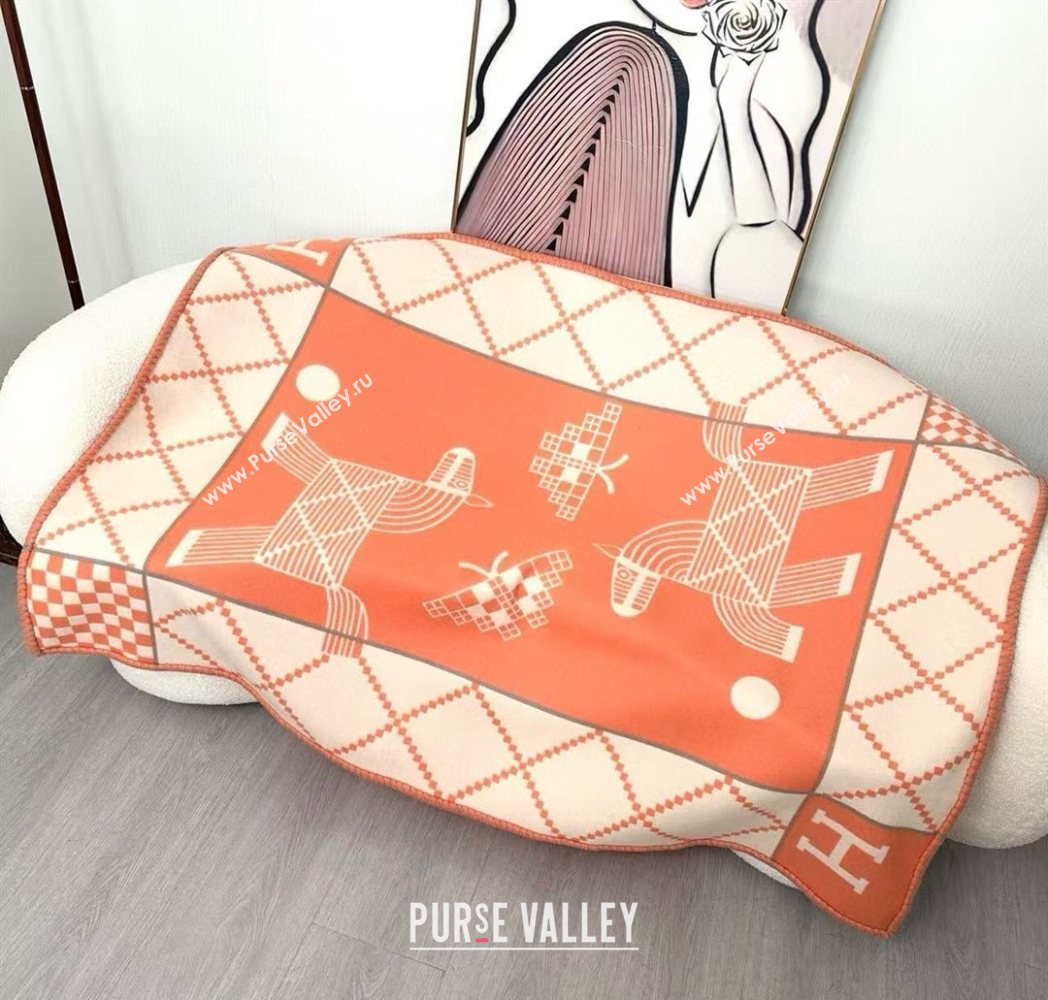 Hermes Children Avalon Animaux Nattes Wool Cashmere Blanket 100x140cm Orange 2025 HS091032 (SHI-250910098)