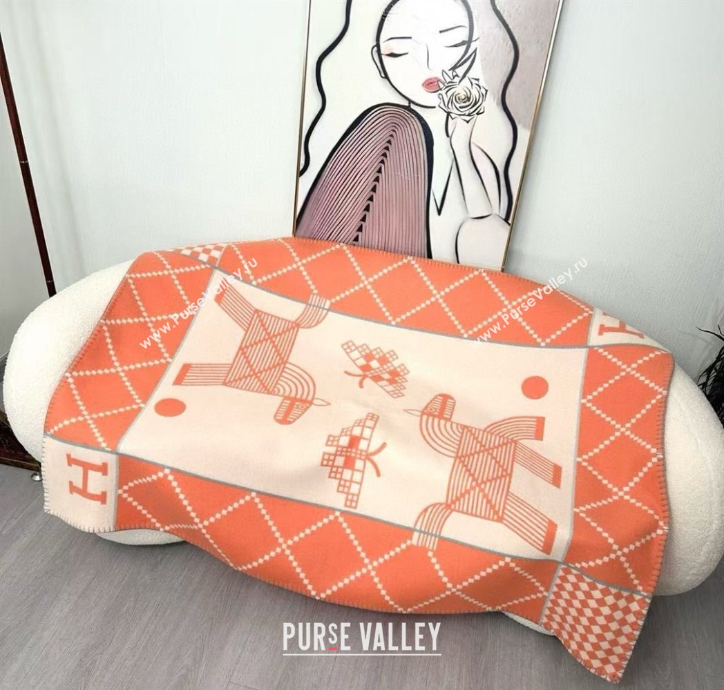 Hermes Children Avalon Animaux Nattes Wool Cashmere Blanket 100x140cm Orange 2025 HS091032 (SHI-250910098)