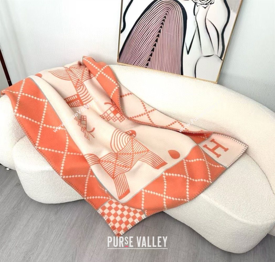 Hermes Children Avalon Animaux Nattes Wool Cashmere Blanket 100x140cm Orange 2025 HS091032 (SHI-250910098)