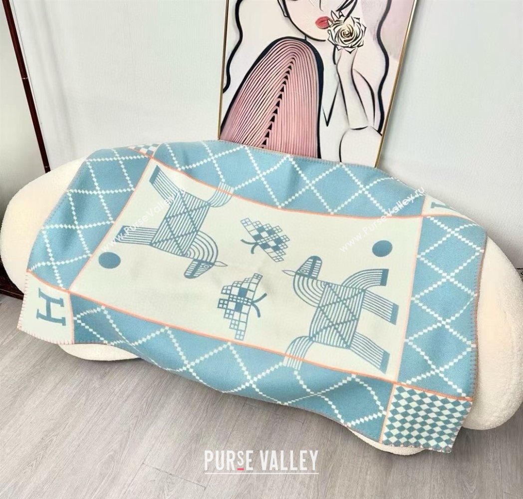 Hermes Children Avalon Animaux Nattes Wool Cashmere Blanket 100x140cm Blue 2025 HS091032 (SHI-250910099)