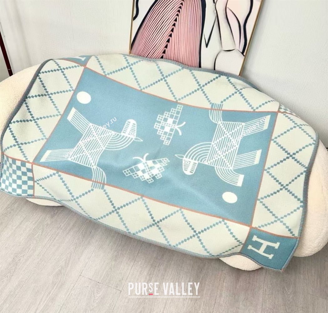 Hermes Children Avalon Animaux Nattes Wool Cashmere Blanket 100x140cm Blue 2025 HS091032 (SHI-250910099)