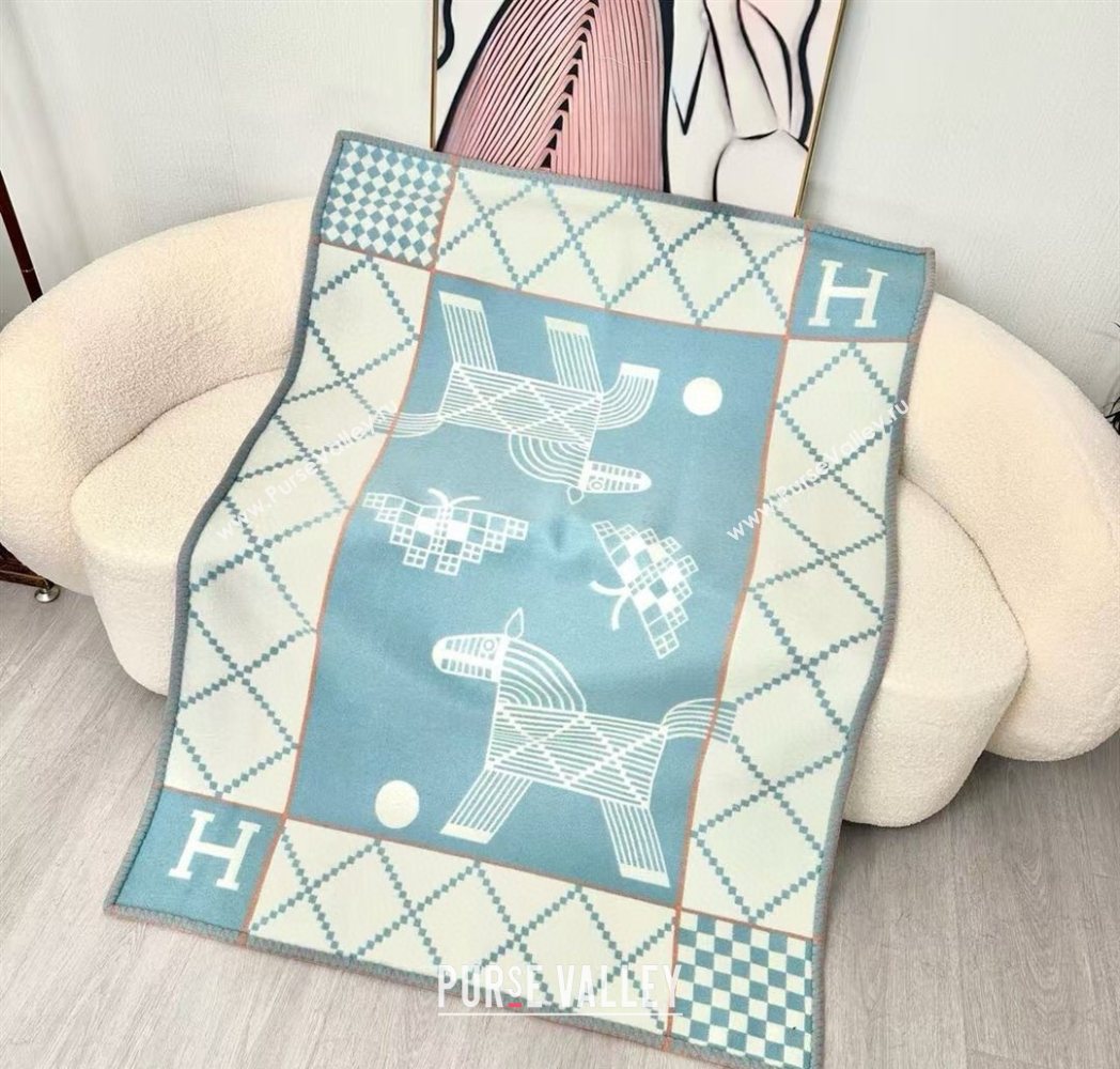 Hermes Children Avalon Animaux Nattes Wool Cashmere Blanket 100x140cm Blue 2025 HS091032 (SHI-250910099)