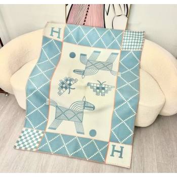 Hermes Children Avalon Animaux Nattes Wool Cashmere Blanket 100x140cm Blue 2025 HS091032 (SHI-250910099)