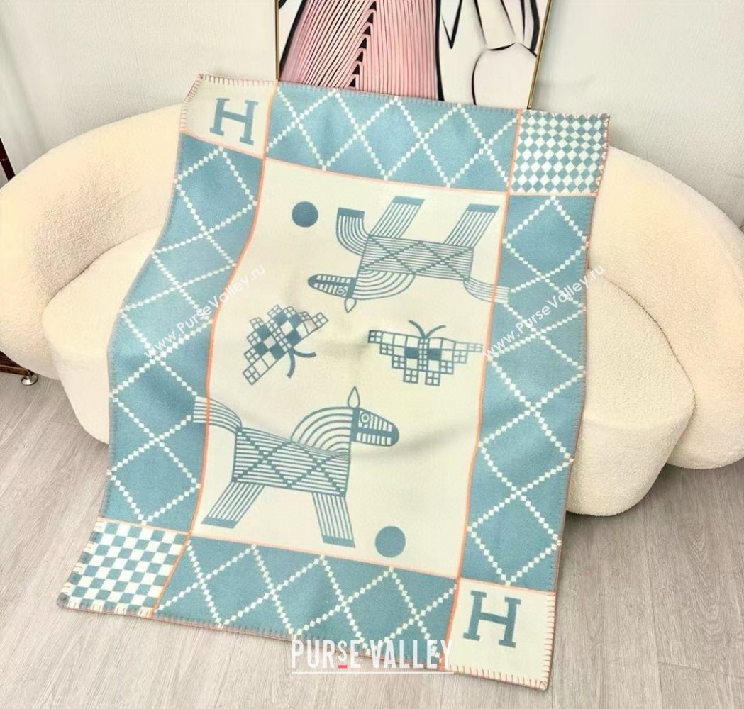 Hermes Children Avalon Animaux Nattes Wool Cashmere Blanket 100x140cm Blue 2025 HS091032 (SHI-250910099)