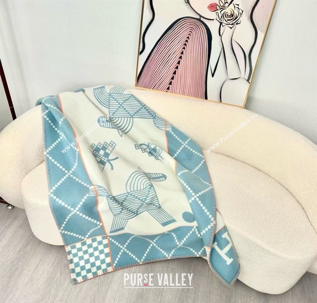 Hermes Children Avalon Animaux Nattes Wool Cashmere Blanket 100x140cm Blue 2025 HS091032 (SHI-250910099)