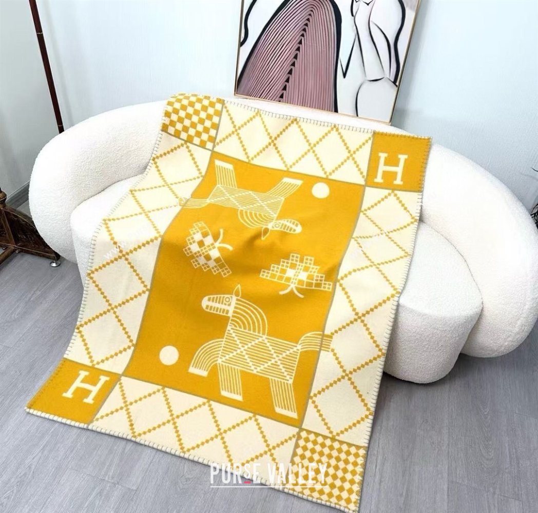Hermes Children Avalon Animaux Nattes Wool Cashmere Blanket 100x140cm Yellow 2025 HS091032 (SHI-250910100)