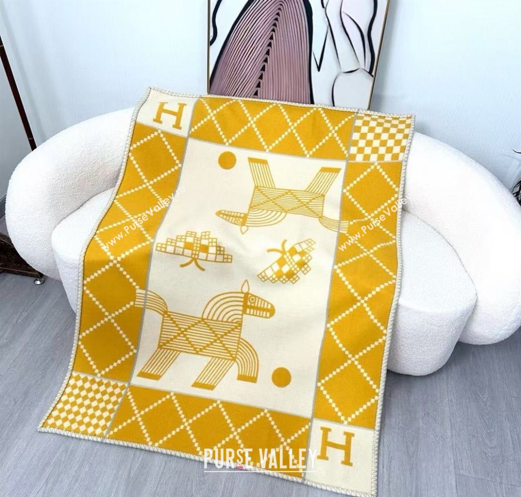 Hermes Children Avalon Animaux Nattes Wool Cashmere Blanket 100x140cm Yellow 2025 HS091032 (SHI-250910100)