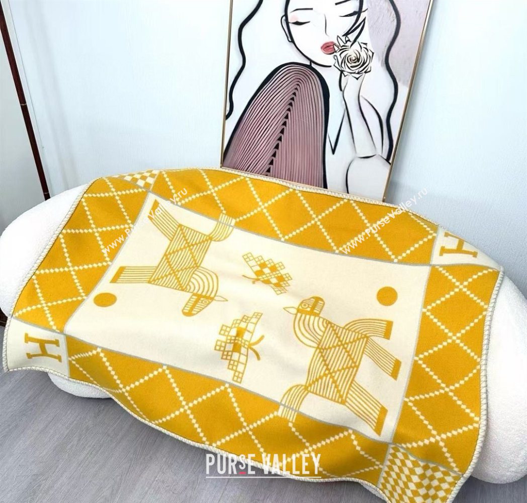 Hermes Children Avalon Animaux Nattes Wool Cashmere Blanket 100x140cm Yellow 2025 HS091032 (SHI-250910100)