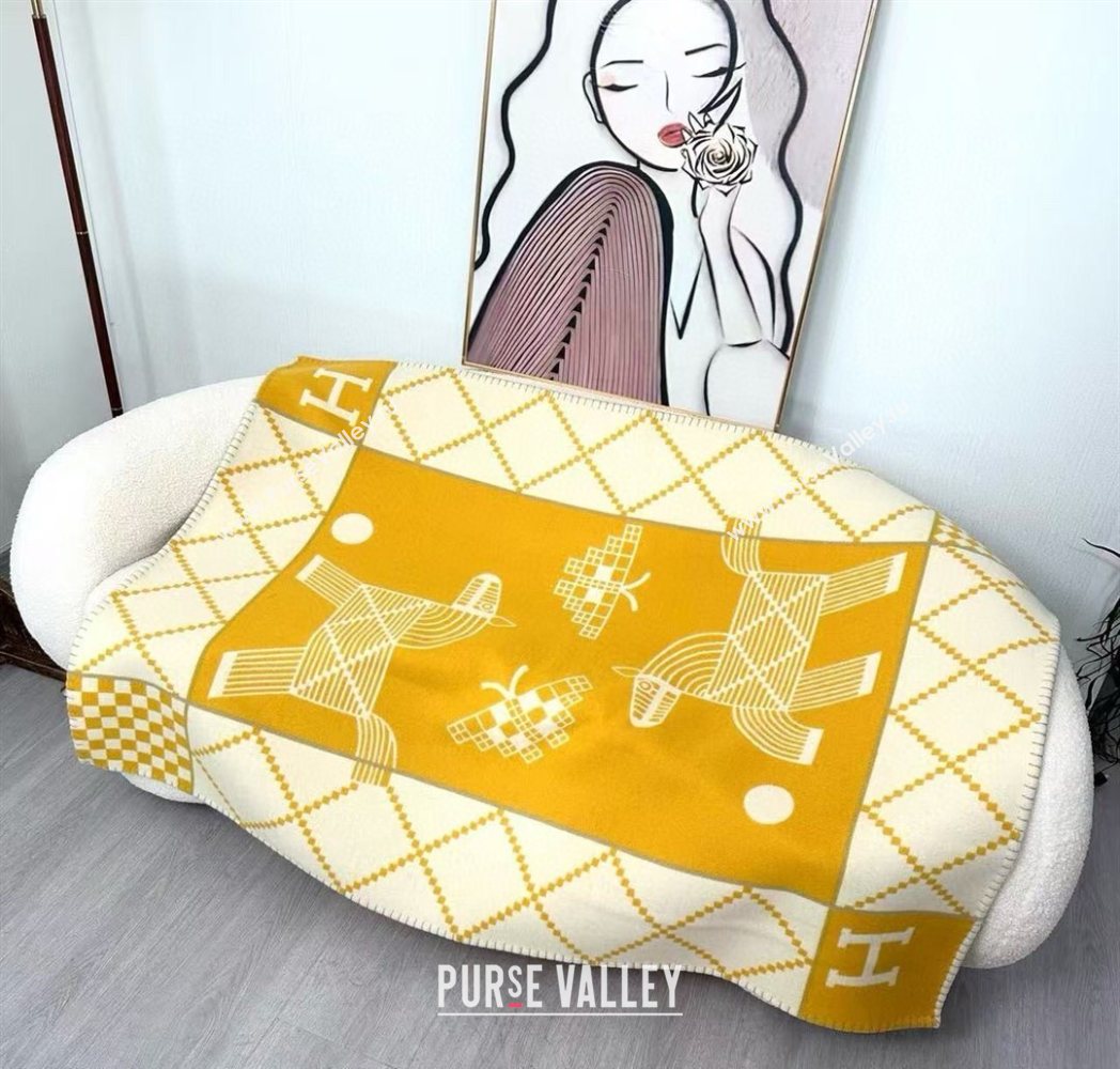 Hermes Children Avalon Animaux Nattes Wool Cashmere Blanket 100x140cm Yellow 2025 HS091032 (SHI-250910100)