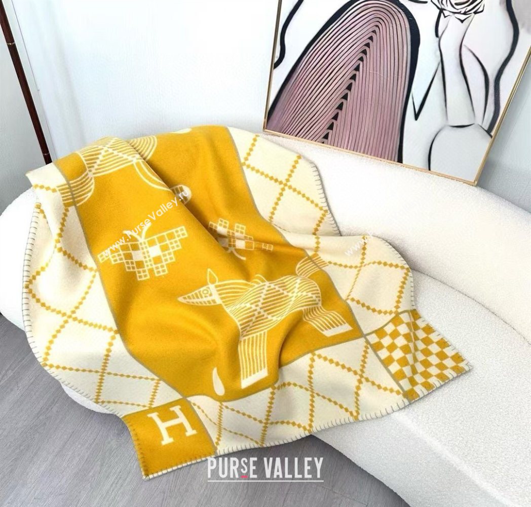 Hermes Children Avalon Animaux Nattes Wool Cashmere Blanket 100x140cm Yellow 2025 HS091032 (SHI-250910100)