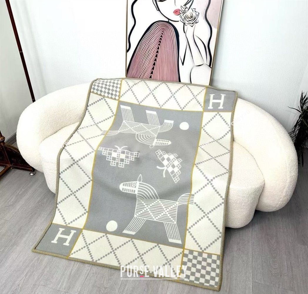 Hermes Children Avalon Animaux Nattes Wool Cashmere Blanket 100x140cm Grey 2025 HS091032 (SHI-250910101)