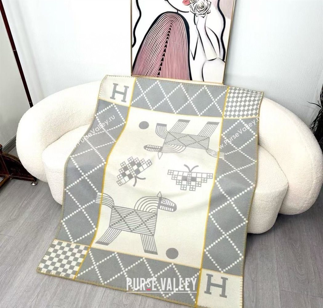 Hermes Children Avalon Animaux Nattes Wool Cashmere Blanket 100x140cm Grey 2025 HS091032 (SHI-250910101)