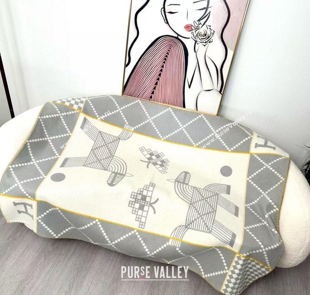 Hermes Children Avalon Animaux Nattes Wool Cashmere Blanket 100x140cm Grey 2025 HS091032 (SHI-250910101)