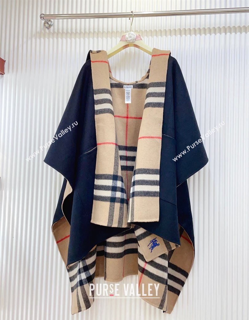 Burberry Cashmere Reversible Hoodlie Cape with Fringes Black/Camel 2025 BR091030 (SHI-250910088)