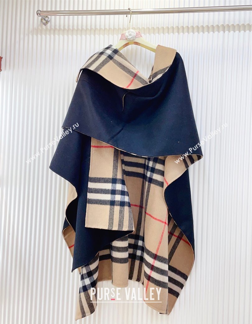 Burberry Cashmere Reversible Hoodlie Cape with Fringes Black/Camel 2025 BR091030 (SHI-250910088)