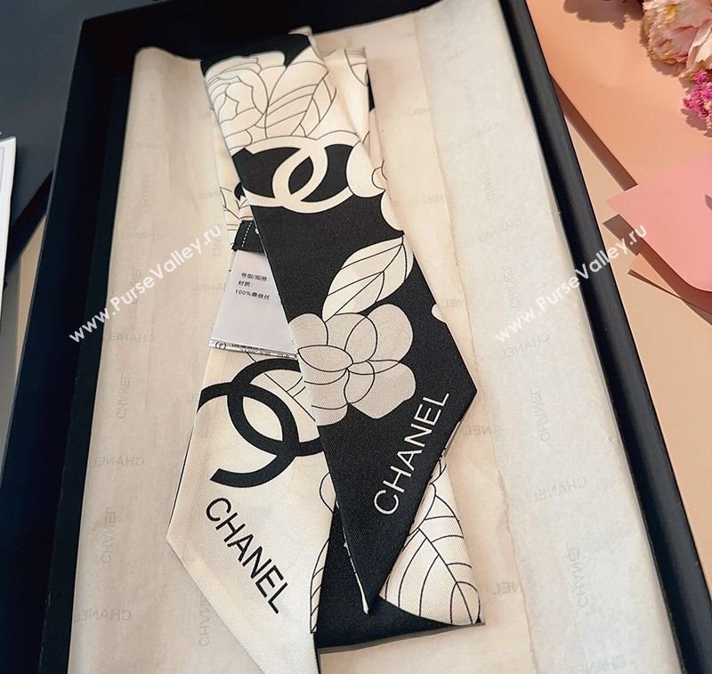Chanel Camellia Silk Bandeau Scarf 6x120cm Black/Grey 2025CH091024 (SHI-250910071)