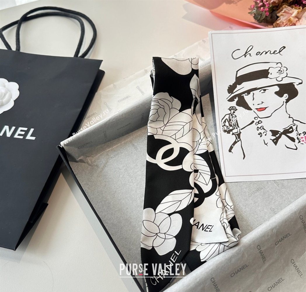 Chanel Camellia Silk Bandeau Scarf 6x120cm Black/Grey 2025CH091024 (SHI-250910071)