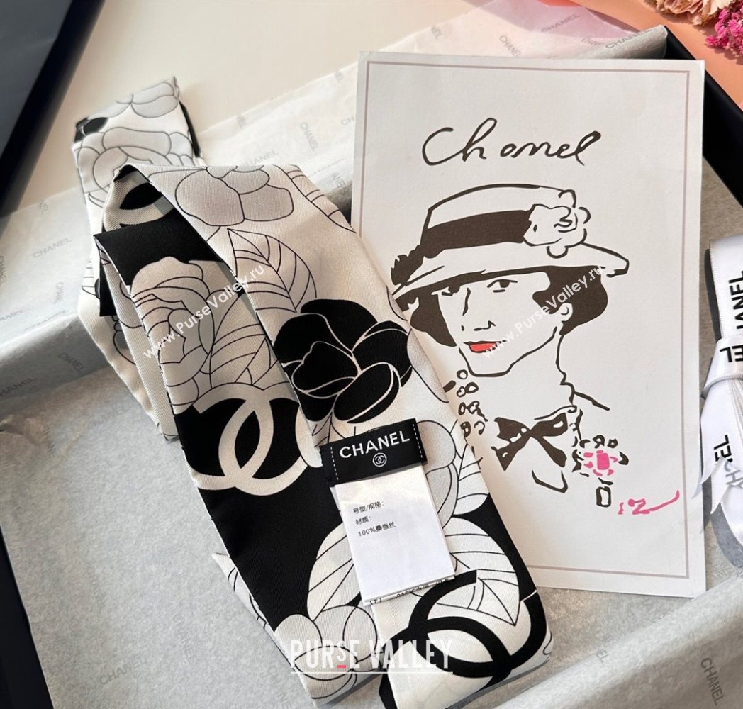 Chanel Camellia Silk Bandeau Scarf 6x120cm Black/Grey 2025CH091024 (SHI-250910071)