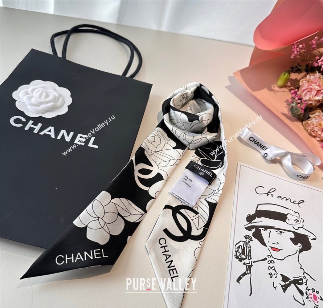 Chanel Camellia Silk Bandeau Scarf 6x120cm Black/Grey 2025CH091024 (SHI-250910071)