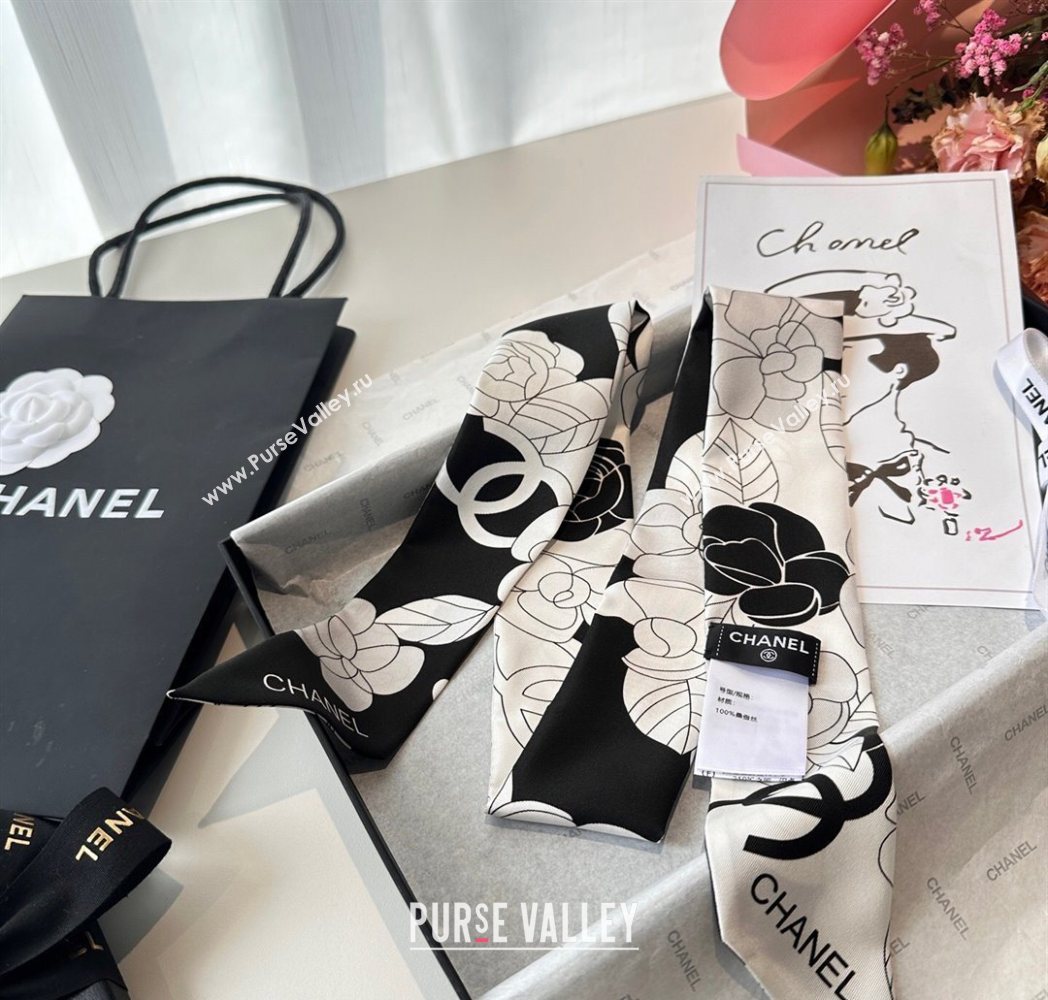 Chanel Camellia Silk Bandeau Scarf 6x120cm Black/Grey 2025CH091024 (SHI-250910071)