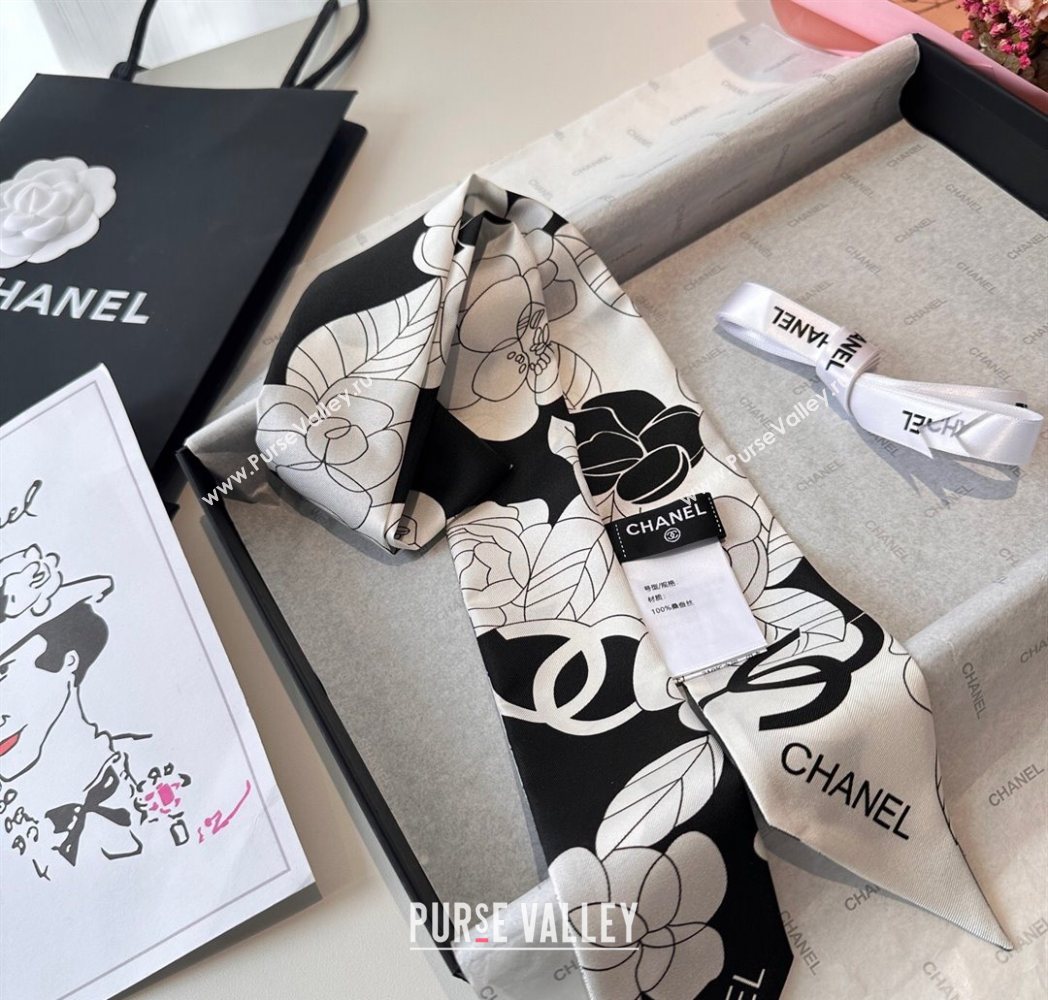 Chanel Camellia Silk Bandeau Scarf 6x120cm Black/Grey 2025CH091024 (SHI-250910071)