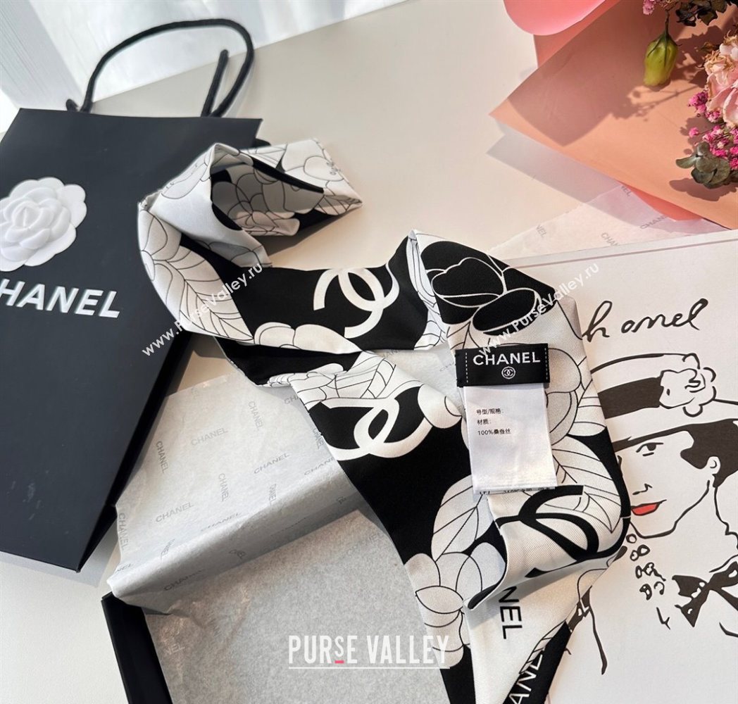 Chanel Camellia Silk Bandeau Scarf 6x120cm Black/Grey 2025CH091024 (SHI-250910071)