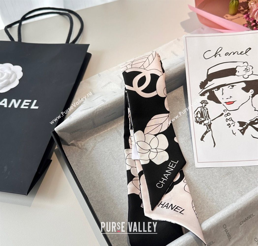 Chanel Camellia Silk Bandeau Scarf 6x120cm Black/Pink 2025CH091024 (SHI-250910072)