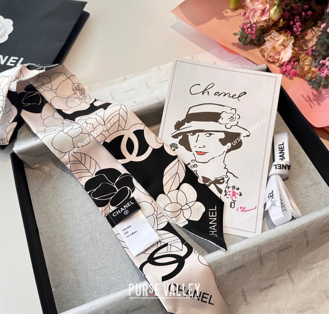Chanel Camellia Silk Bandeau Scarf 6x120cm Black/Pink 2025CH091024 (SHI-250910072)