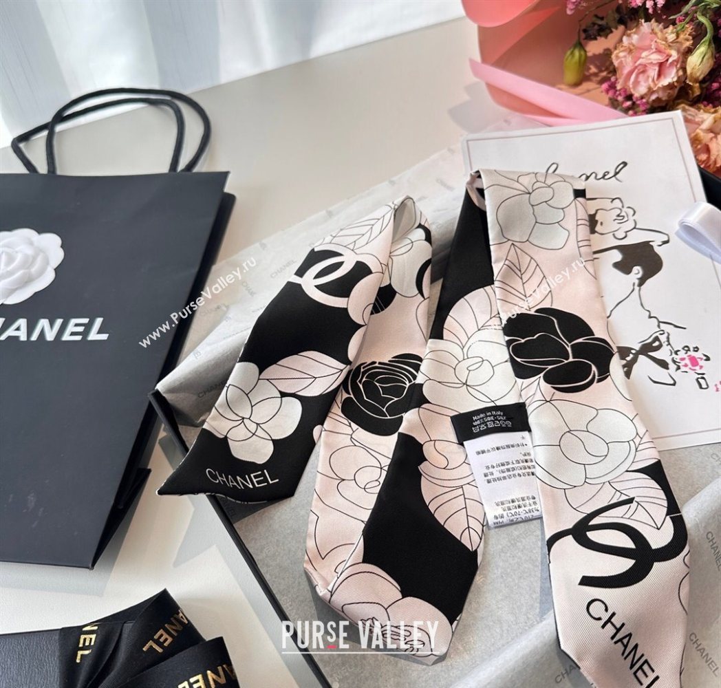 Chanel Camellia Silk Bandeau Scarf 6x120cm Black/Pink 2025CH091024 (SHI-250910072)