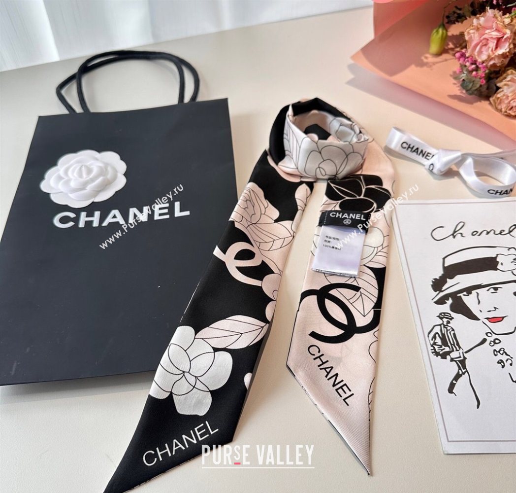 Chanel Camellia Silk Bandeau Scarf 6x120cm Black/Pink 2025CH091024 (SHI-250910072)