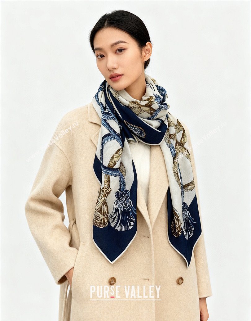 Hermes Cord Printed Silk Cashmere Square Scarf 140cm Blue 2025 H111137 (XMN-251111137)