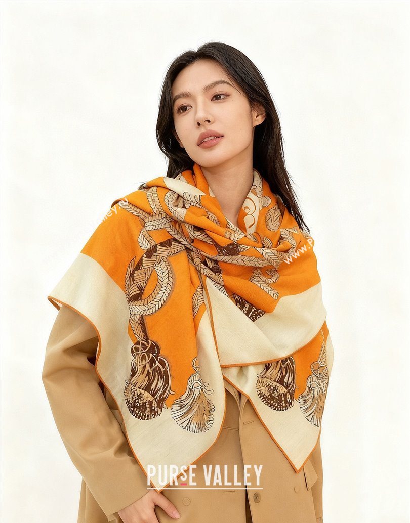 Hermes Cord Printed Silk Cashmere Square Scarf 140cm Orange 2025 H111137 (XMN-251111138)