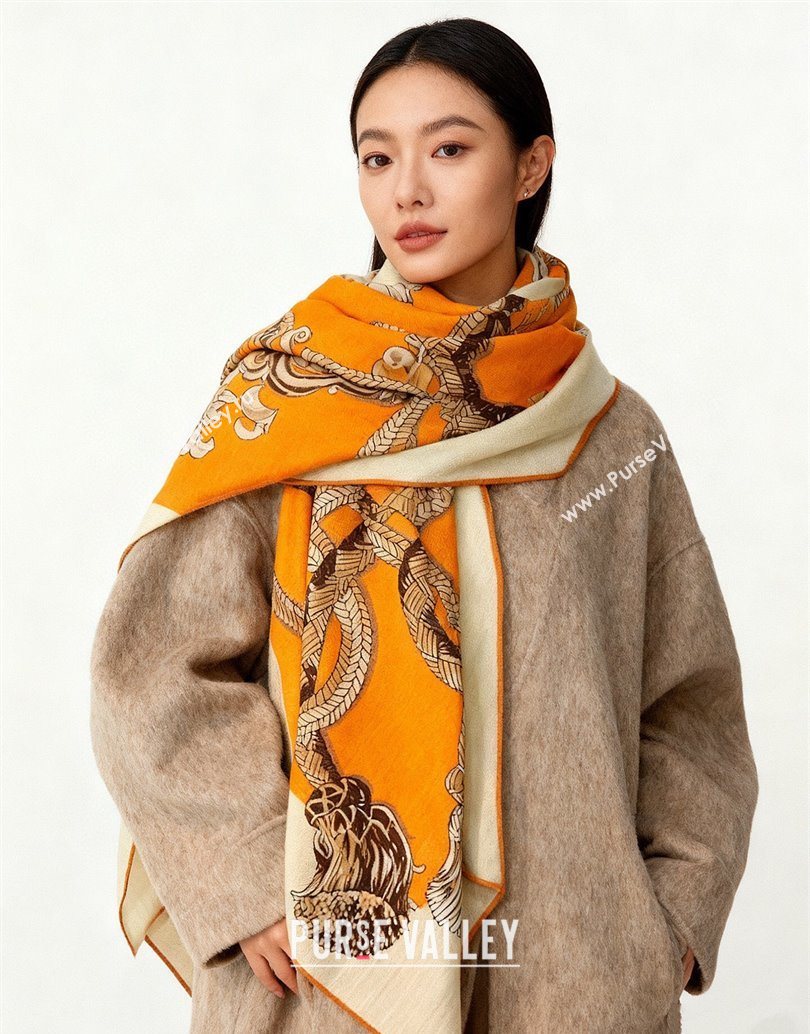 Hermes Cord Printed Silk Cashmere Square Scarf 140cm Orange 2025 H111137 (XMN-251111138)