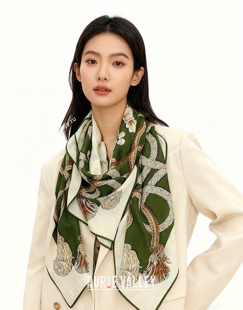 Hermes Cord Printed Silk Cashmere Square Scarf 140cm Green 2025 H111137 (XMN-251111139)