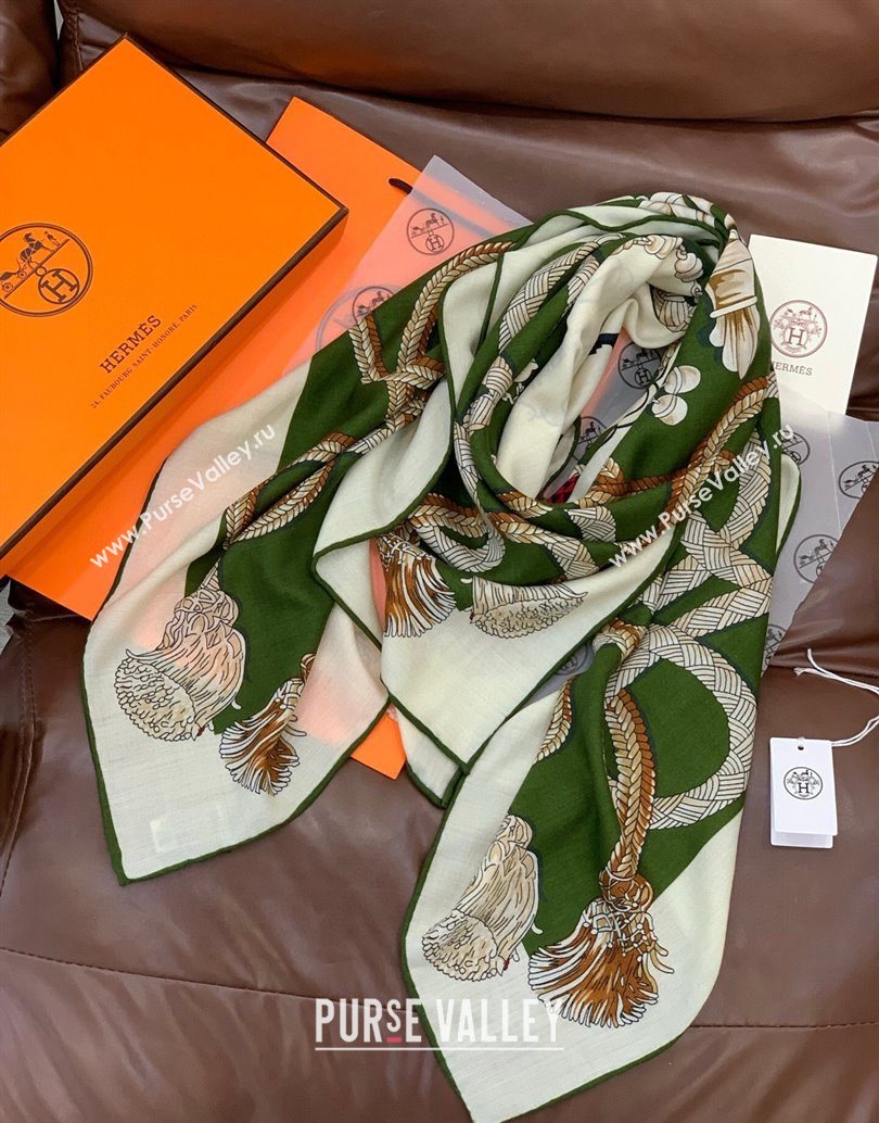 Hermes Cord Printed Silk Cashmere Square Scarf 140cm Green 2025 H111137 (XMN-251111139)