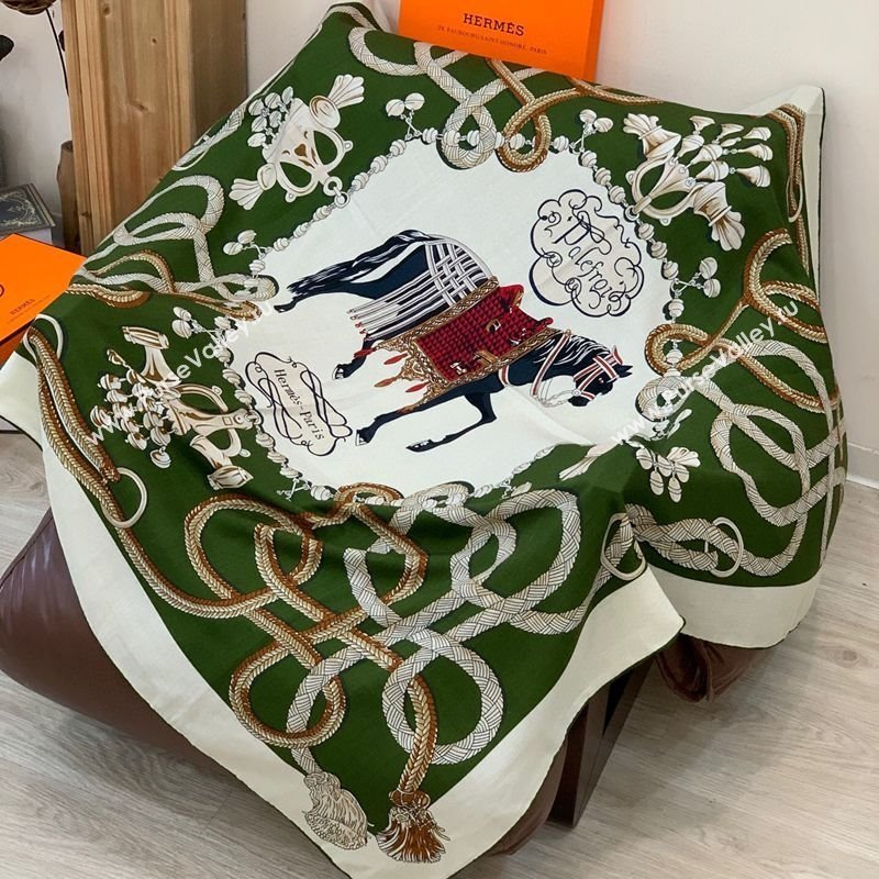Hermes Cord Printed Silk Cashmere Square Scarf 140cm Green 2025 H111137 (XMN-251111139)