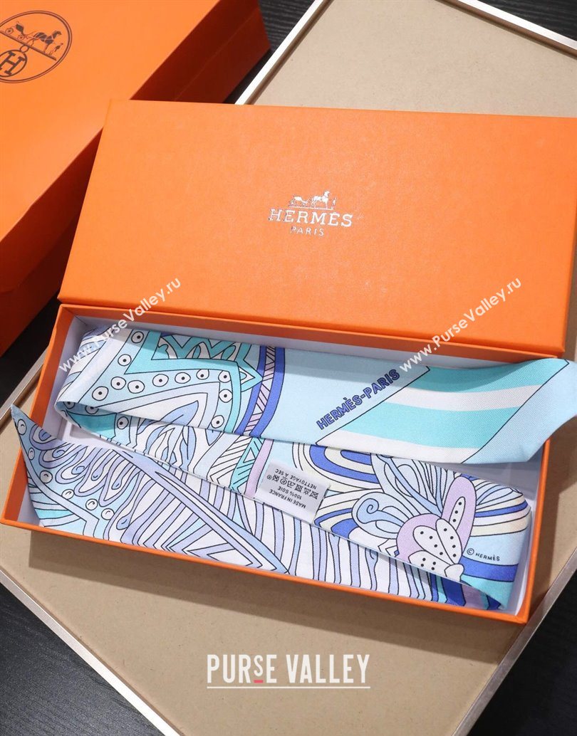 Hermes Le Jardin De La Maharani Twilly Silk Bandeau Scarf 5x86cm Blue 2025 (XMN-251111155)