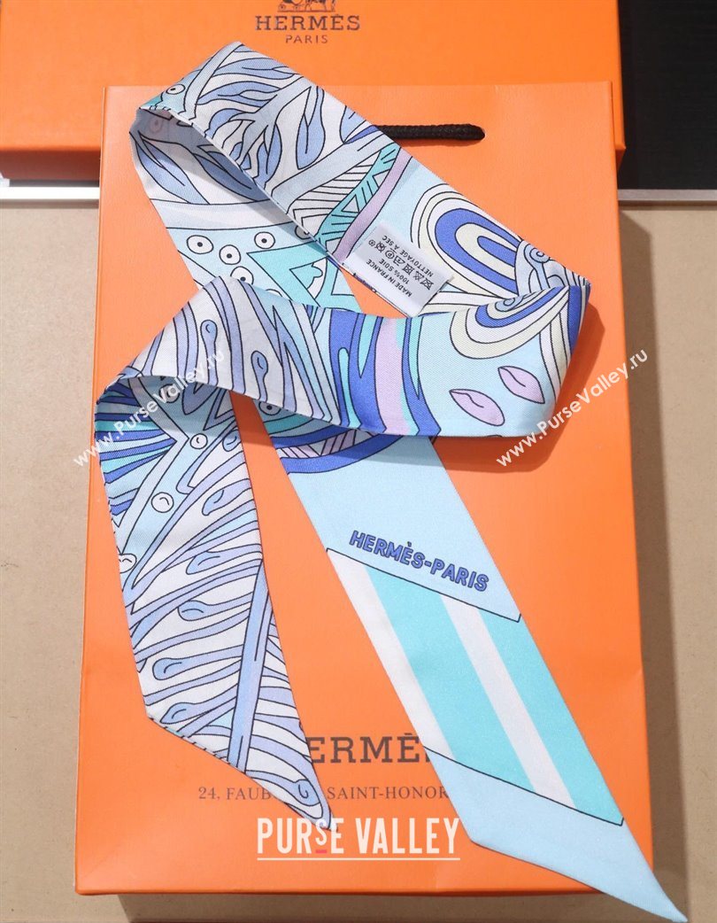 Hermes Le Jardin De La Maharani Twilly Silk Bandeau Scarf 5x86cm Blue 2025 (XMN-251111155)
