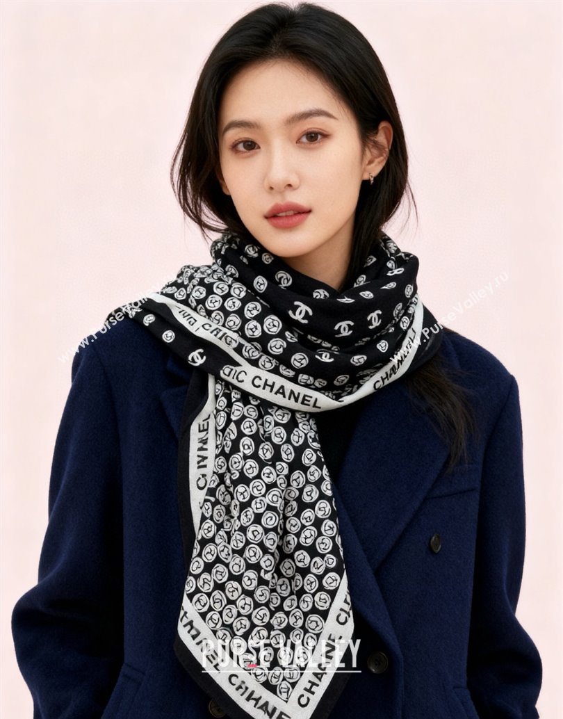 Chanel Wool Silk Square Scarf 135x135cm Black 2025 CH111160 (XMN-251111165)