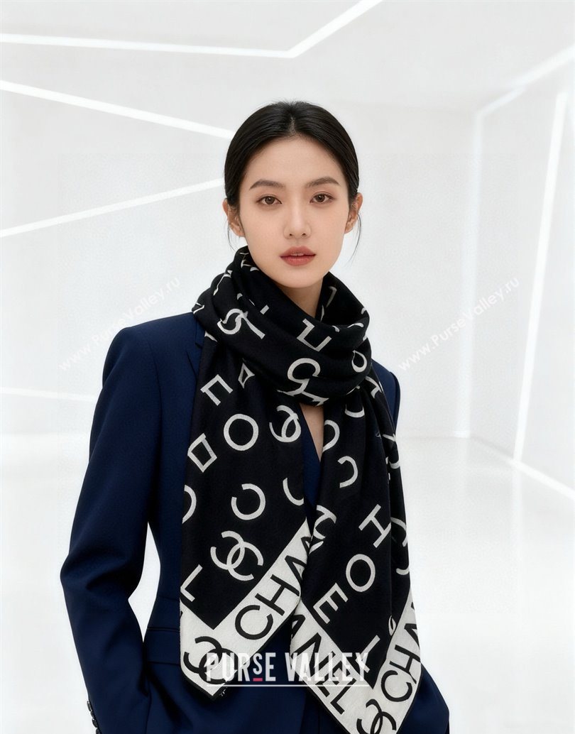Chanel Logo Cashmere Silk Square Scarf 135x135cm Black 2025 CH111161 (XMN-251111166)