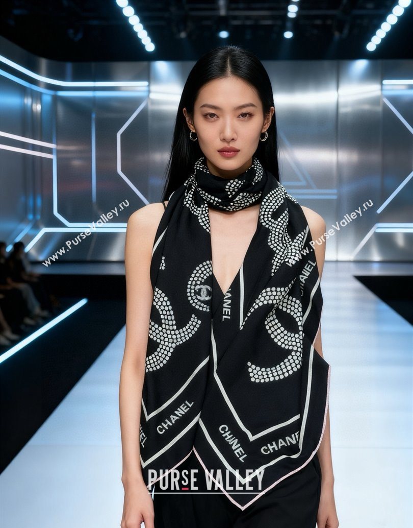 Chanel CC Cashmere Silk Square Scarf 135x135cm Black 2025 CH111162 (XMN-251111168)