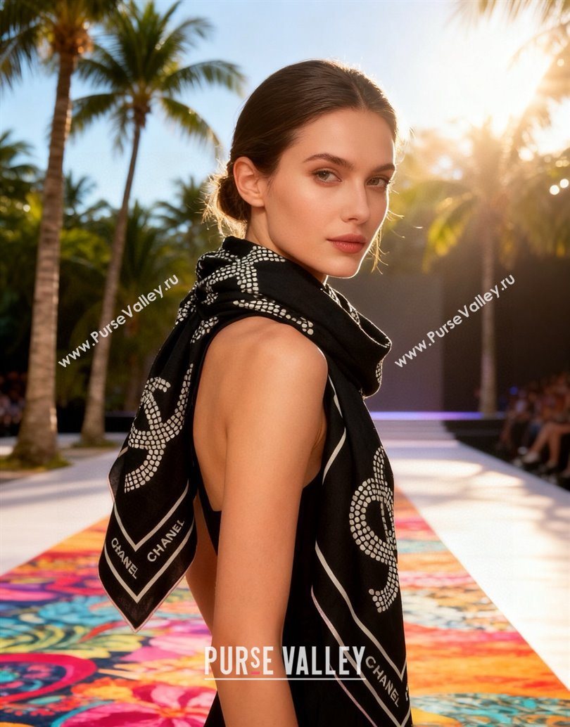 Chanel CC Cashmere Silk Square Scarf 135x135cm Black 2025 CH111162 (XMN-251111168)