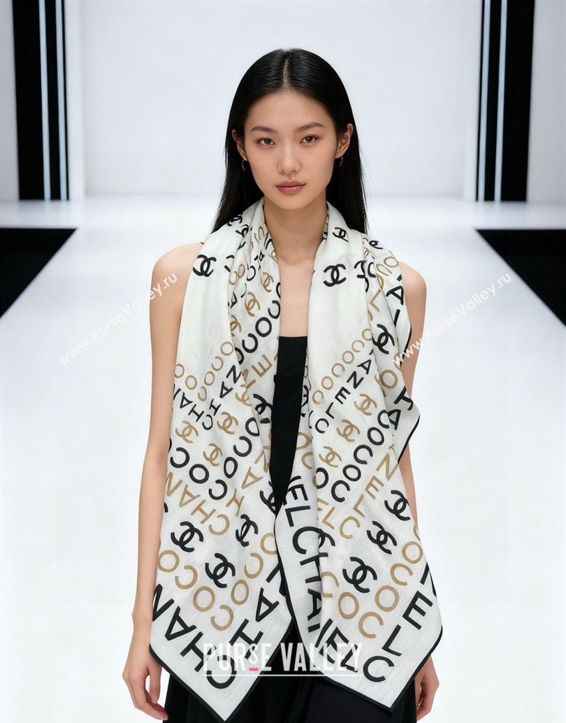 Chanel CC Cashmere Silk Square Scarf 135x135cm White 2025 CH111163 (XMN-251111171)