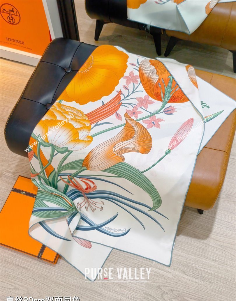 Hermes Bouquets Final Silk Square Scarf 90x90cm White 2025 (XMN-251111175)