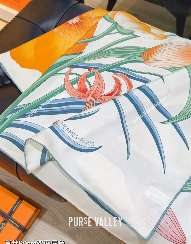 Hermes Bouquets Final Silk Square Scarf 90x90cm White 2025 (XMN-251111175)