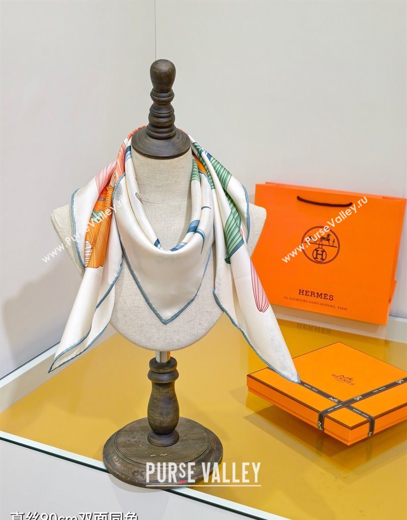 Hermes Bouquets Final Silk Square Scarf 90x90cm White 2025 (XMN-251111175)