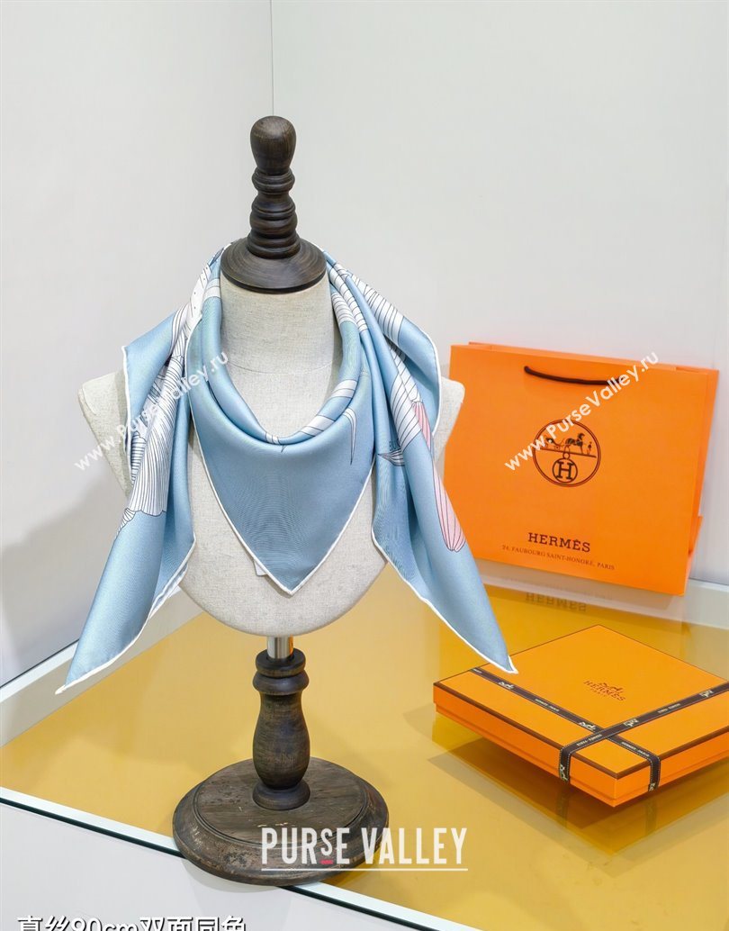 Hermes Bouquets Final Silk Square Scarf 90x90cm Blue 2025 (XMN-251111176)