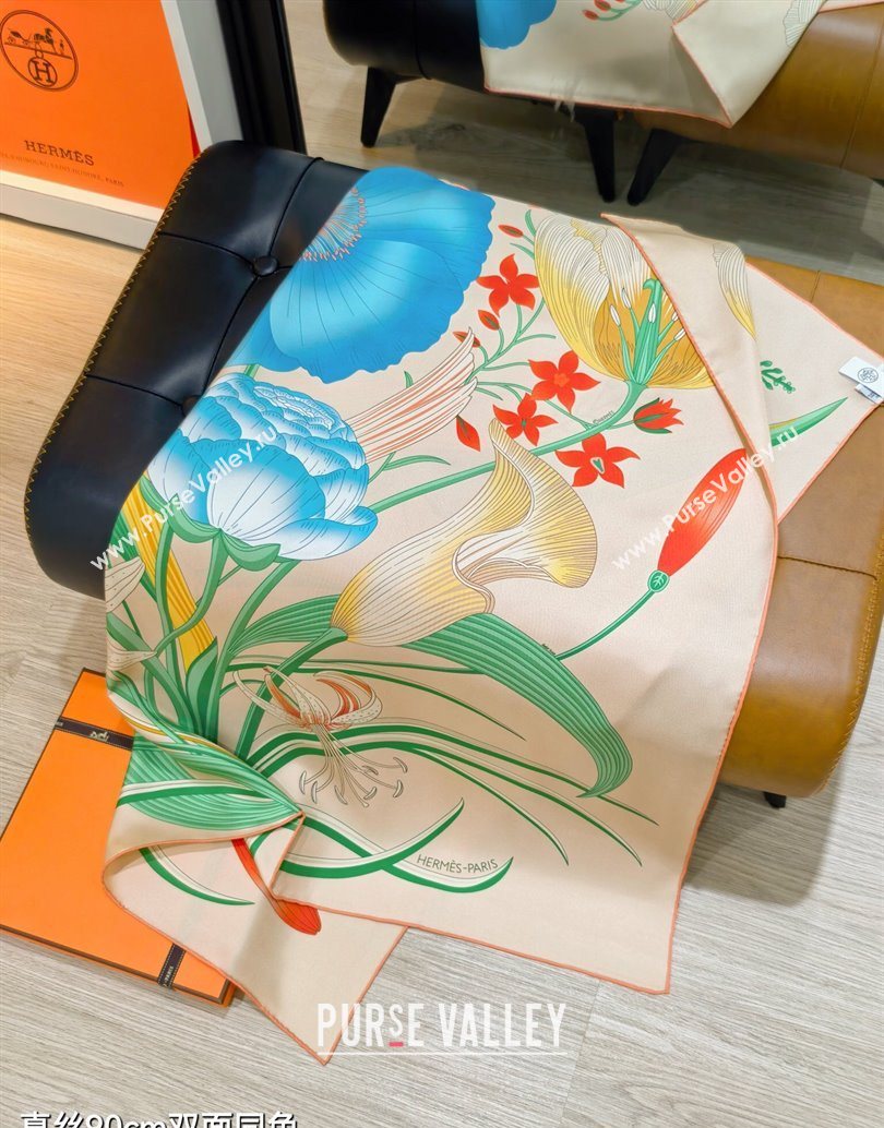 Hermes Bouquets Final Silk Square Scarf 90x90cm Beige 2025 (XMN-251111177)