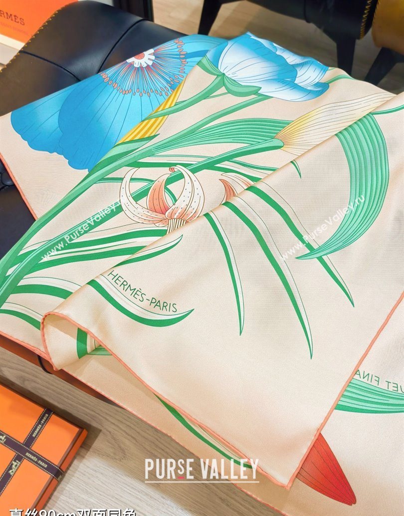 Hermes Bouquets Final Silk Square Scarf 90x90cm Beige 2025 (XMN-251111177)