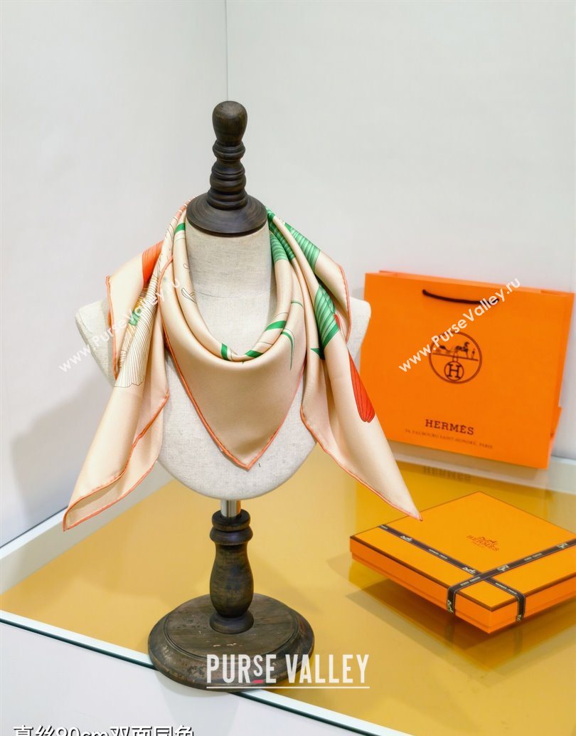 Hermes Bouquets Final Silk Square Scarf 90x90cm Beige 2025 (XMN-251111177)